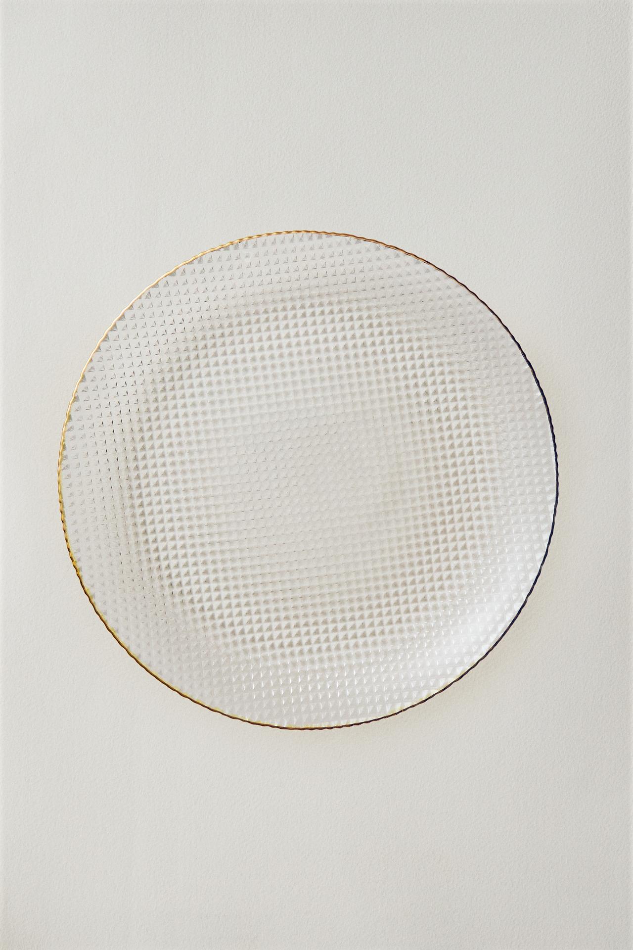 GLASS DESSERT PLATE WITH RELIEF AND RIM — Gold