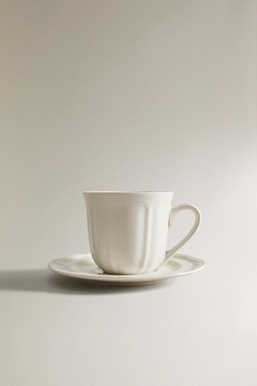 PORCELAIN TEACUP AND SAUCER WITH RAISED DESIGN - White by Zara