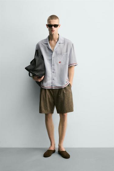 CONTRAST EMBROIDERED VISCOSE/LINEN SHIRT - Light blue by Zara
