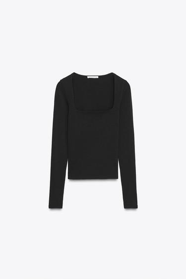 تيشرت RIB بياقة مربعة - أسود by Zara