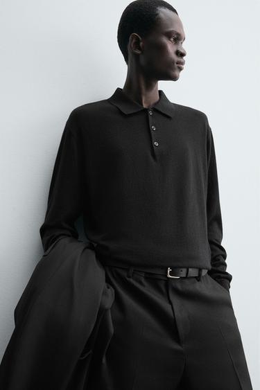 COTTON-WOOL KNIT POLO SHIRT - Black by Zara - Image 4