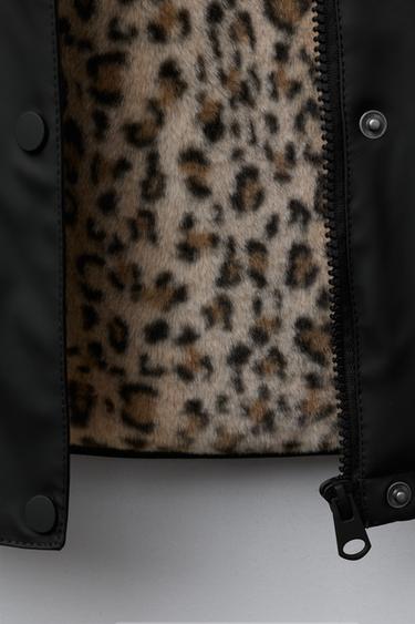 WATER-REPELLENT COATED JACKET WITH FAUX FUR ANIMAL PRINT - Black by Zara - Image 7