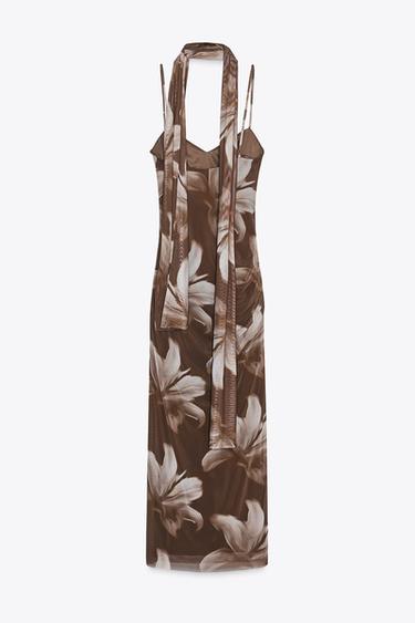 ROBE MIDI IMPRIMÉE TULLE FOULARD - Kaki de Zara - Image 4