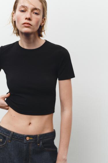 Zara CROPPED STRETCH T-SHIRT - Black