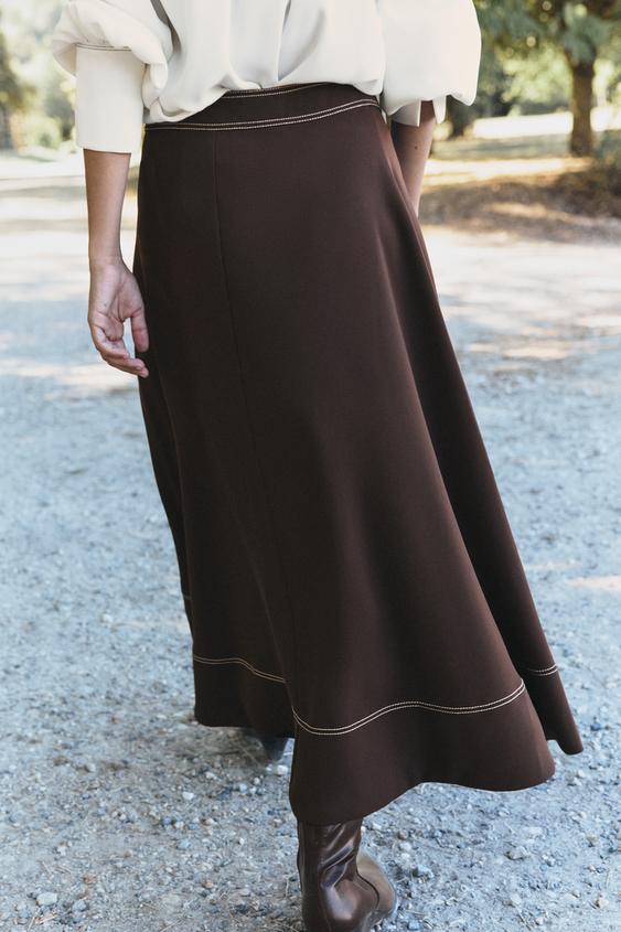 JUPE MI-LONGUE CAPE SURPIQÛRE CONTRASTE - Marron de Zara - Image 3