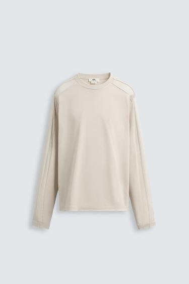 Zara T-SHIRT WITH MESH TRIM - Ecru