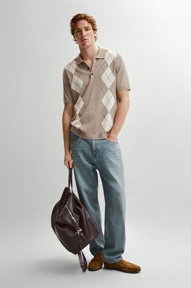 Polo à manches courtes en coton mélangé motif losanges - Beige chiné de Zara