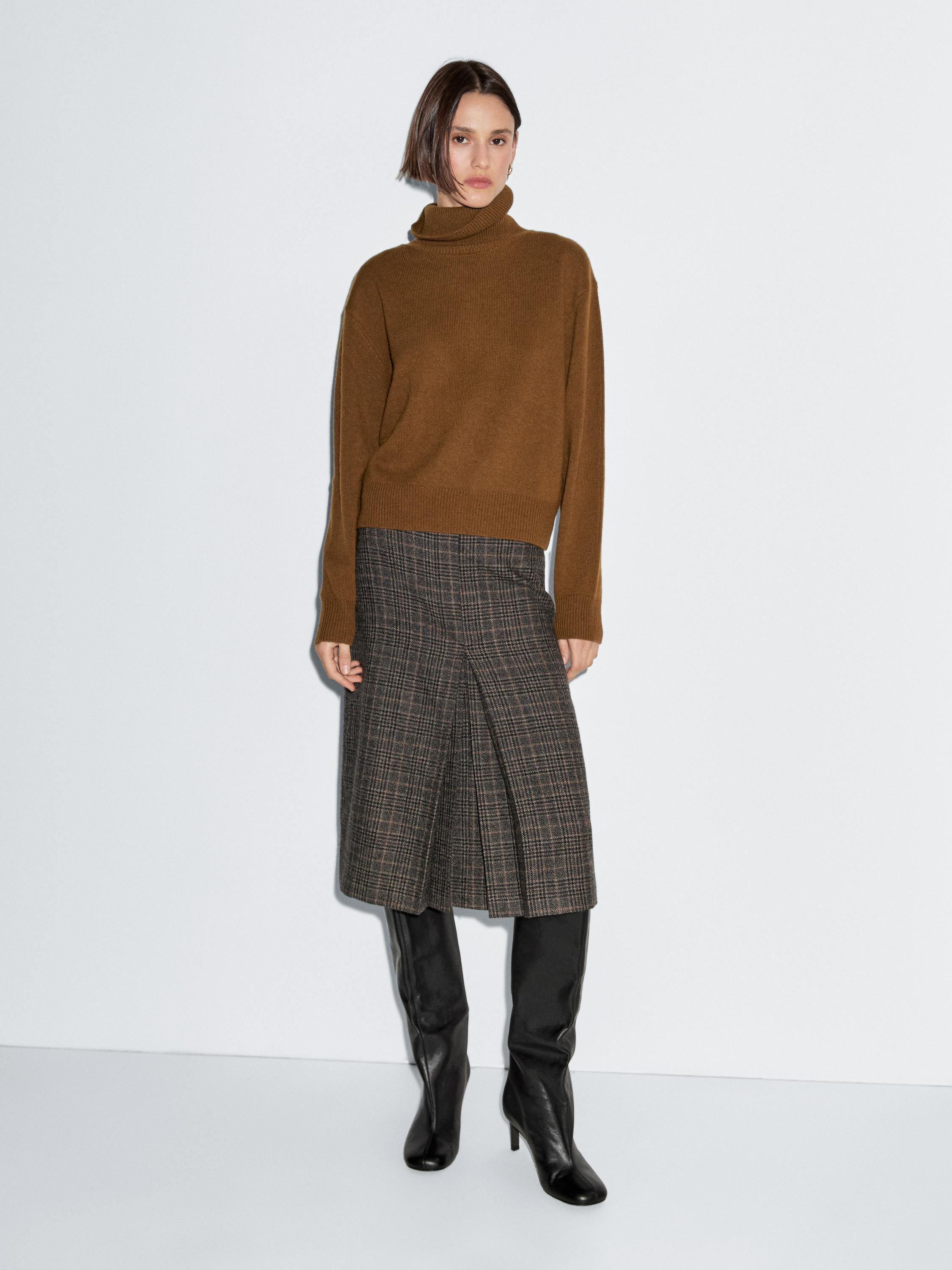 100% wool check midi skirt