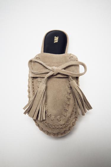 Zara SUEDE TASSEL SLINGBACK FLATS - Sandy Brown