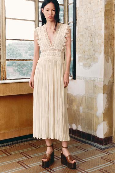 Zara ZW COLLECTION 蕾絲細肩帶洋裝 - 裸色