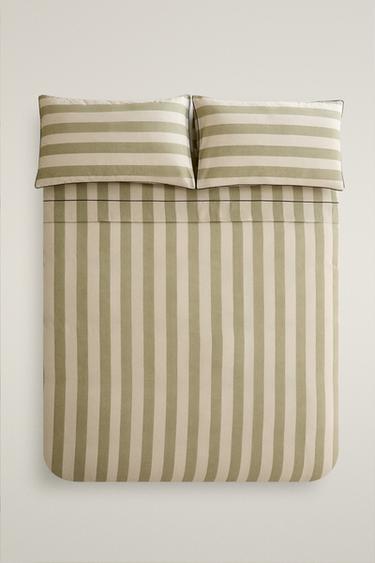 Zara Faded Cotton Striped duvet cover - Mid-green