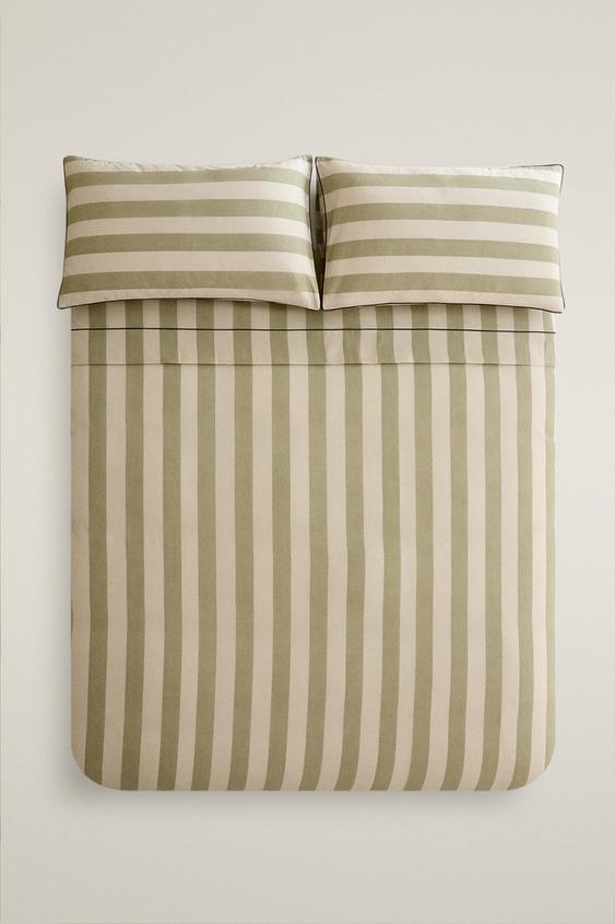 FADED COTTON STRIPE DUVET COVER - Mid-green by Zara - Image 0