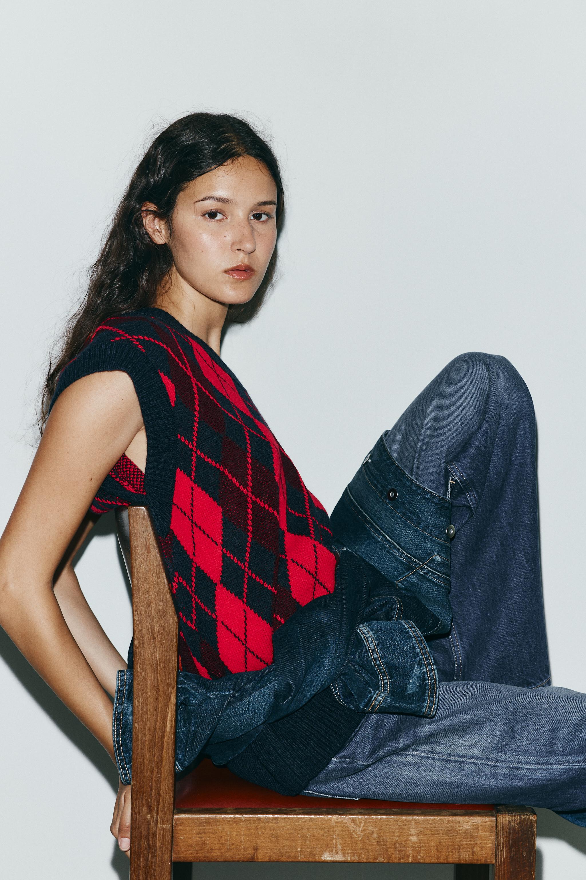 オーバーサイズアーガイルニットベスト - レッド／紺 | ZARA Japan / 日本