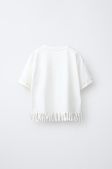 FRINGED T-SHIRT WITH STUDS - White by Zara - Image 1