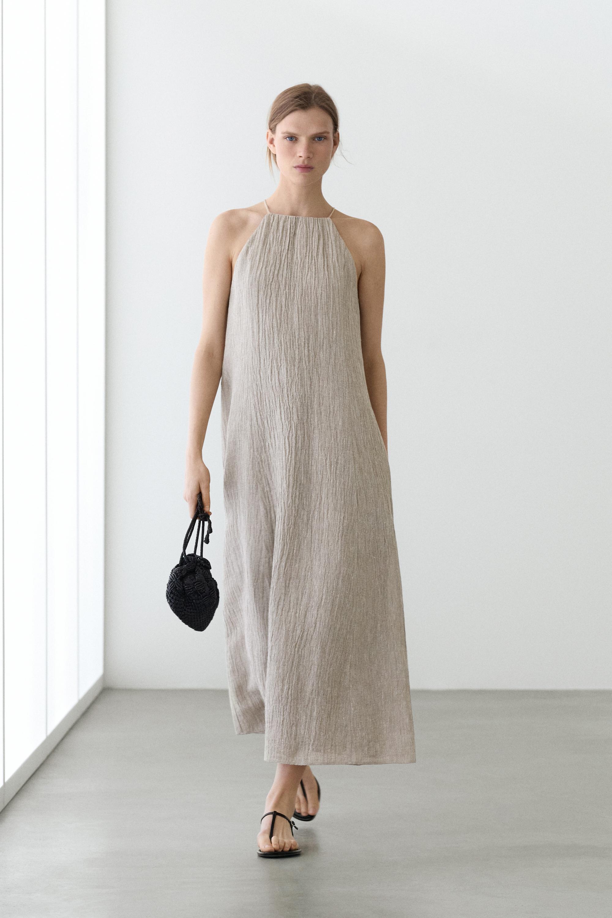 Flowing linen blend dress with gathered neckline