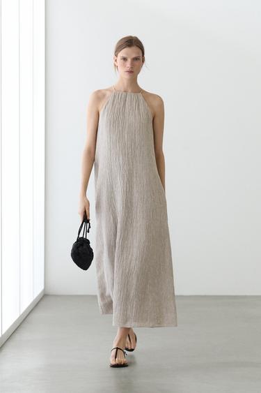 Zara Flowing linen blend dress with gathered neckline - Gray - Image 0