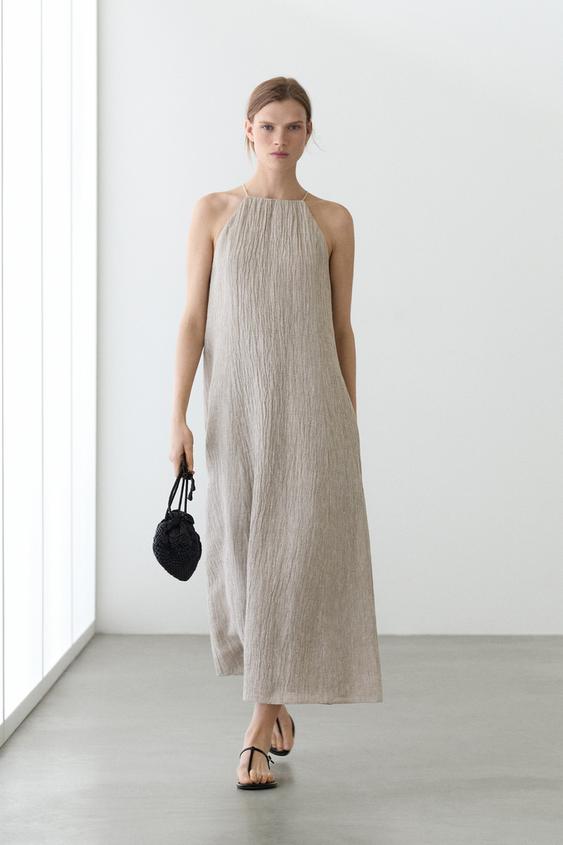 Flowing linen blend dress with gathered neckline from Zara - $220