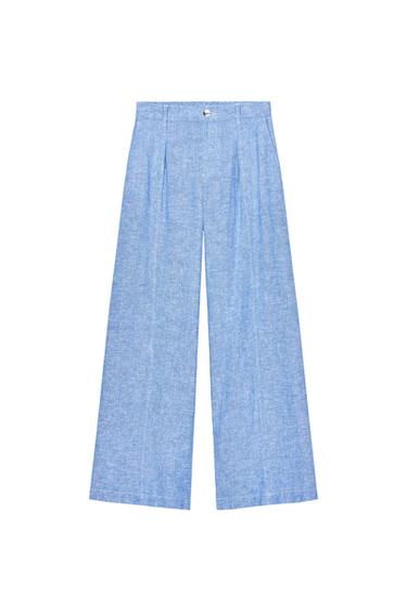 WIDE-LEG PLEATED TROUSERS WITH LINEN BLEND SET - Light blue by Zara