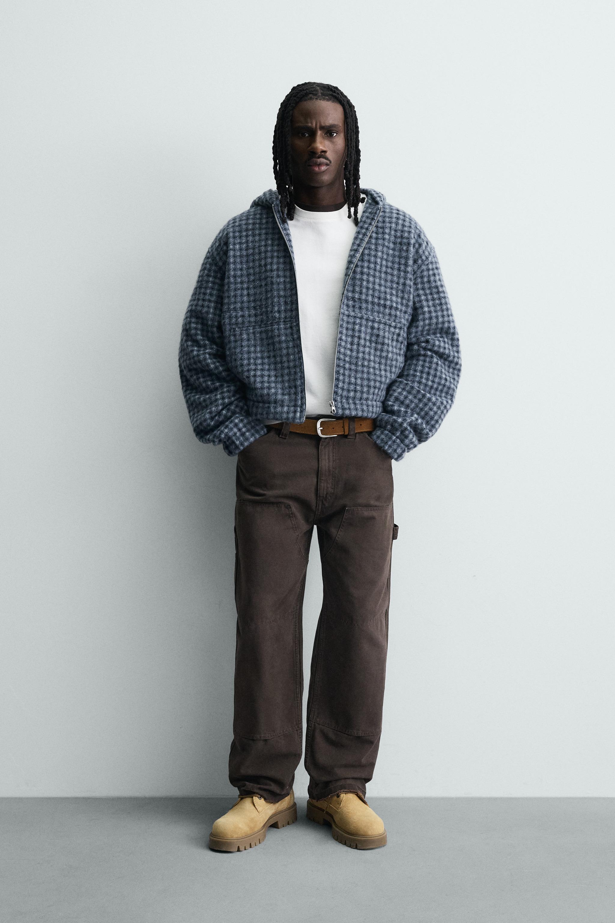 刺繍フード付きチェック柄シャツジャケット - ブルー／ブラック | ZARA