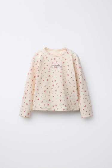 RIBBED FLORAL T-SHIRT WITH EMBROIDERED SLOGAN - Ecru by Zara