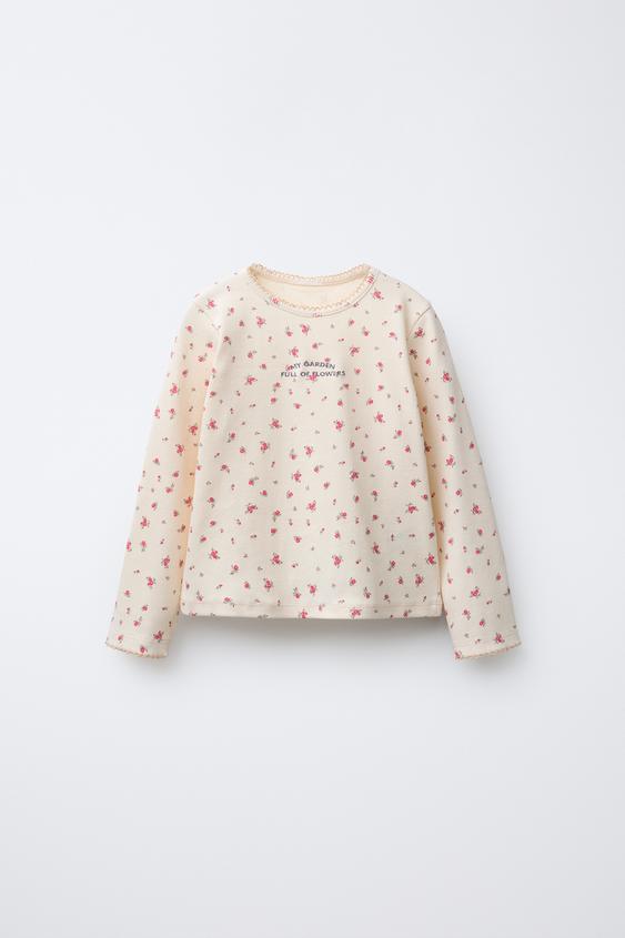 CAMISETA RIB FLORES TEXTO BORDADO - Crudo de Zara - Imagen 0