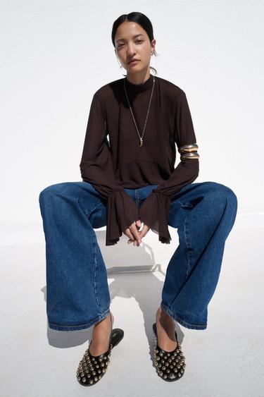 TIE & RUFFLE TOP - Dark brown by Zara
