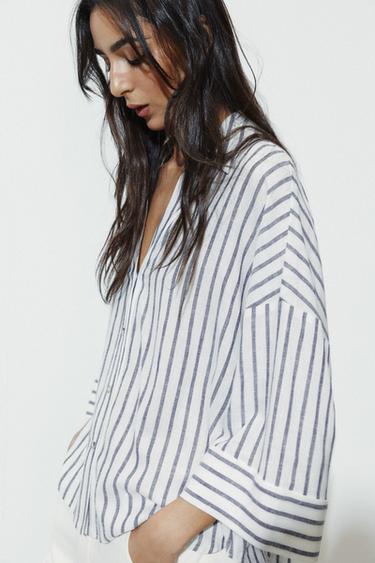 STRIPED LINEN BLEND SHIRT - Blue/White by Zara