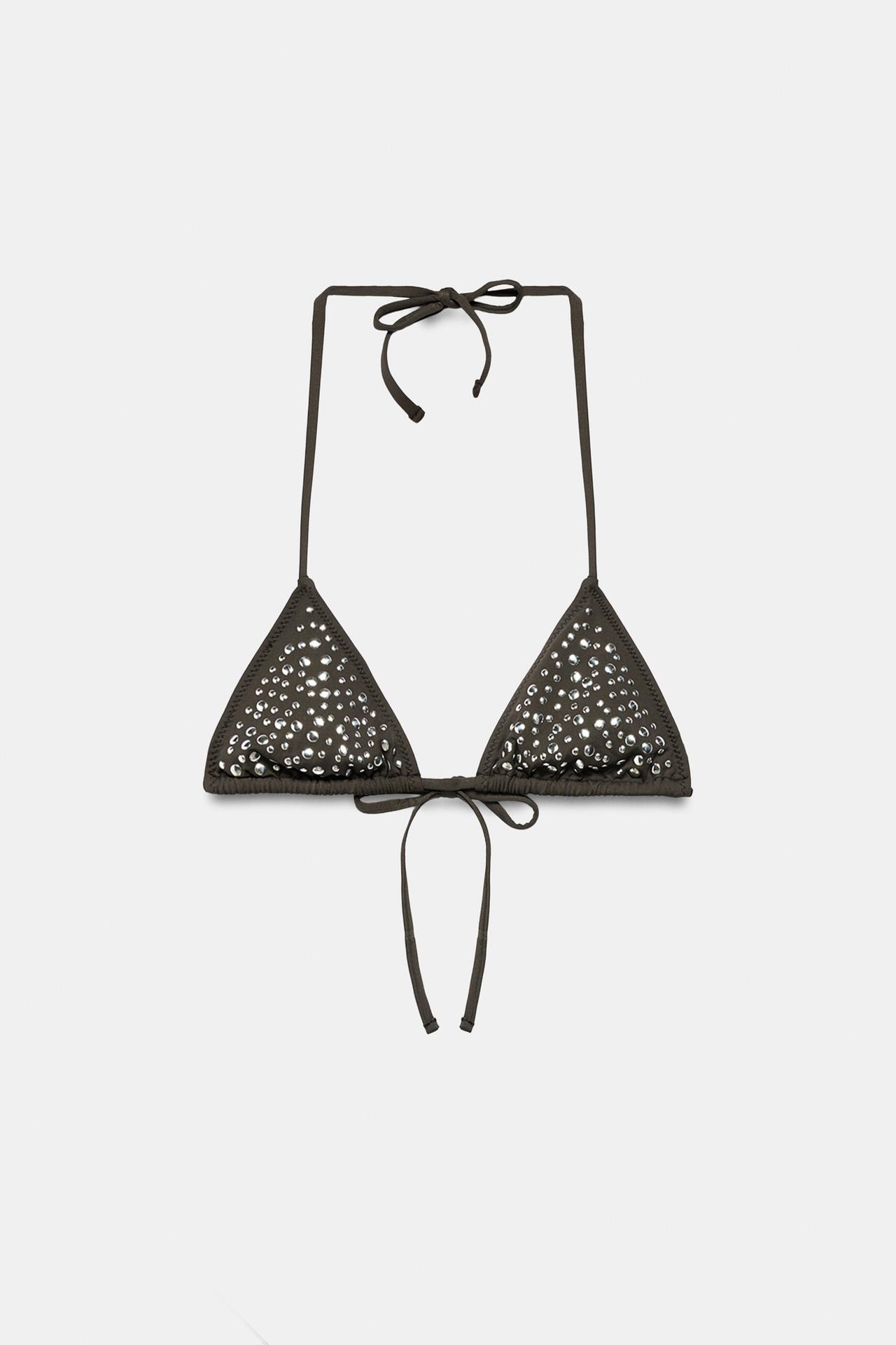 STUDDED TRIANGLE BIKINI TOP — Brown
