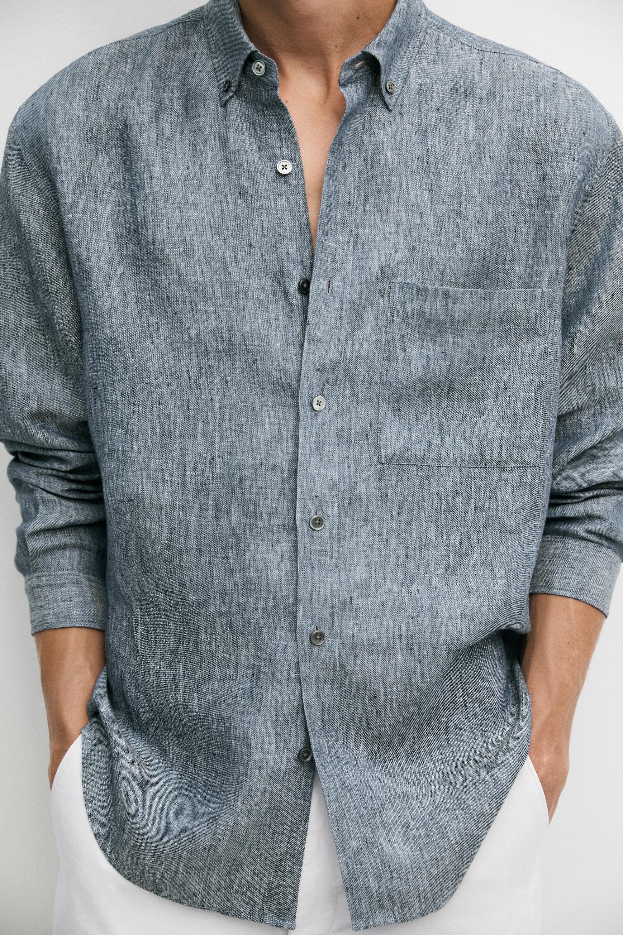 Regular fit melange twill 100% linen shirt