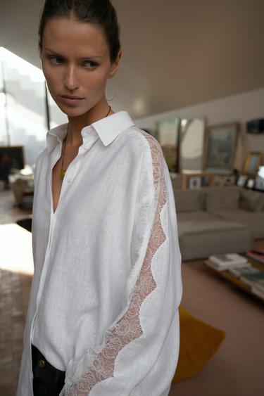 CHEMISE OVERSIZE DENTELLE ET LIN - Blanc de Zara - Image 3