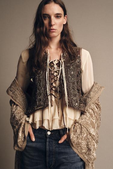 ZW COLLECTION BEADED EMBROIDERED WAISTCOAT - Chocolate brown by Zara