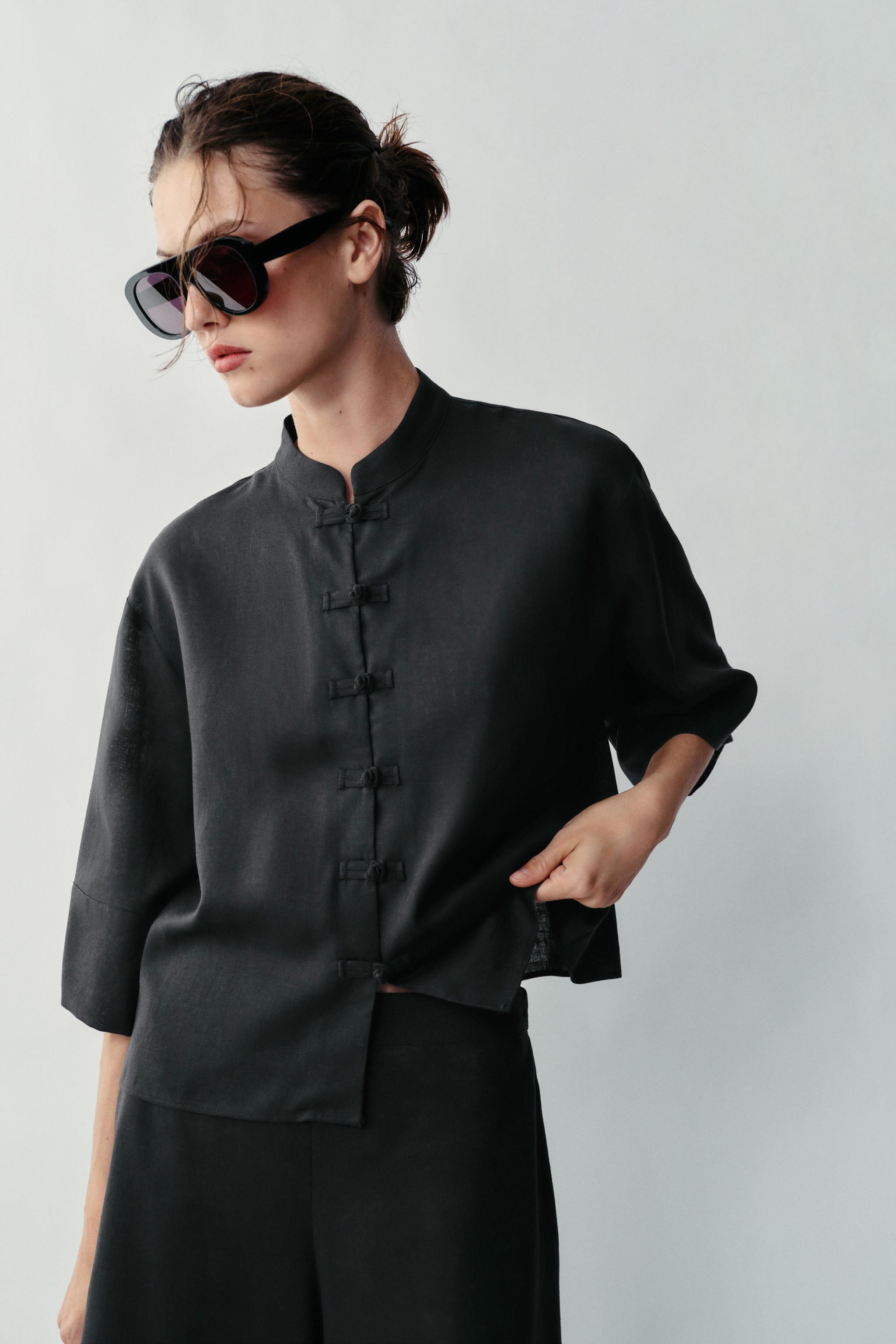 LINEN SHIRT WITH FROG FASTENING — Gray / Blue