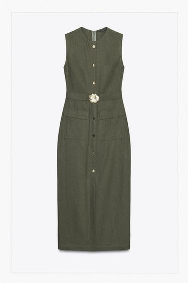 LINEN BLEND MIDI DRESS WITH BELT - Dark khaki by Zara