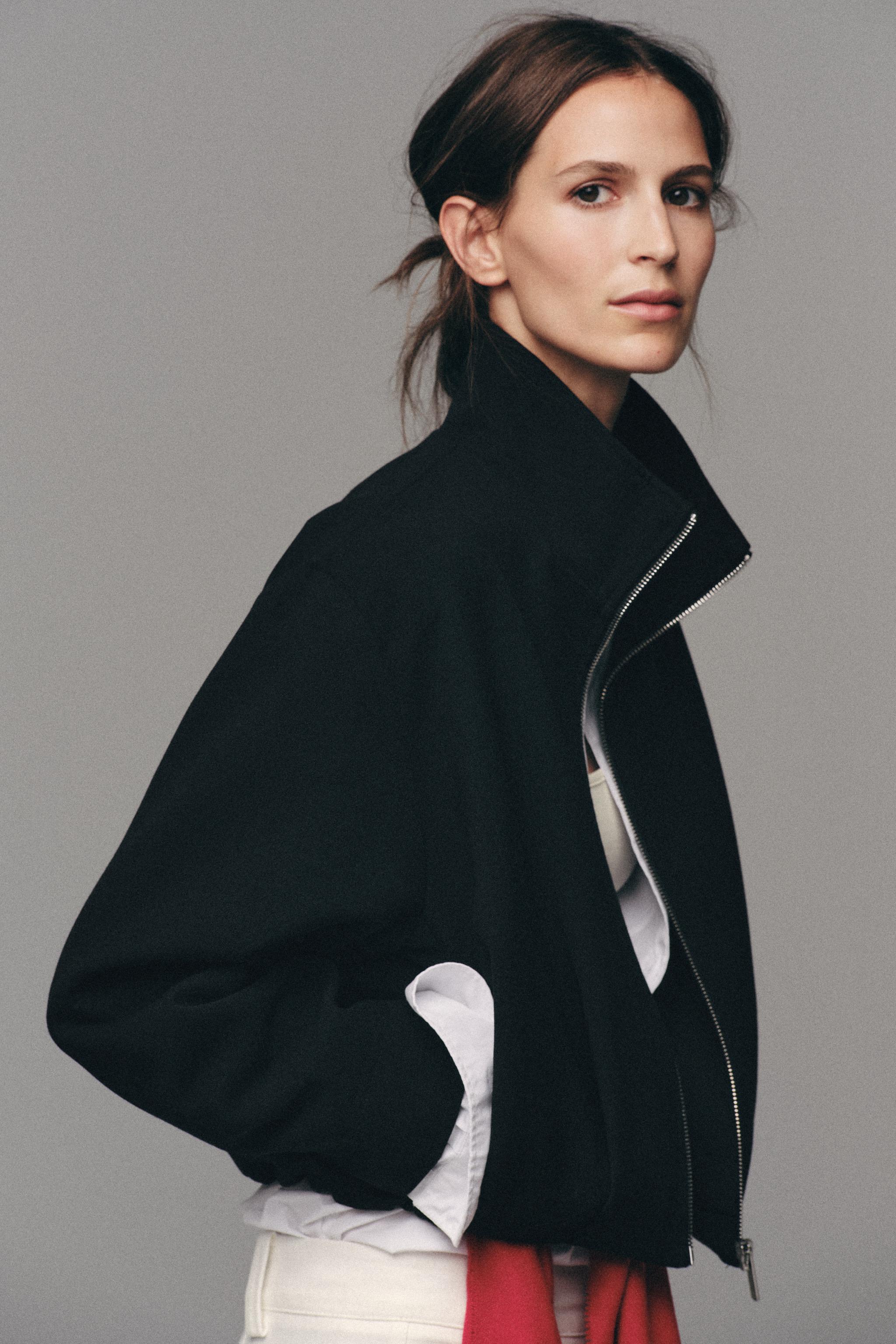 STAND-UP COLLAR BOMBER JACKET — Black