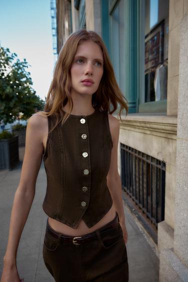 Z1975 DENIM WAISTCOAT - Brown by Zara - Image 1
