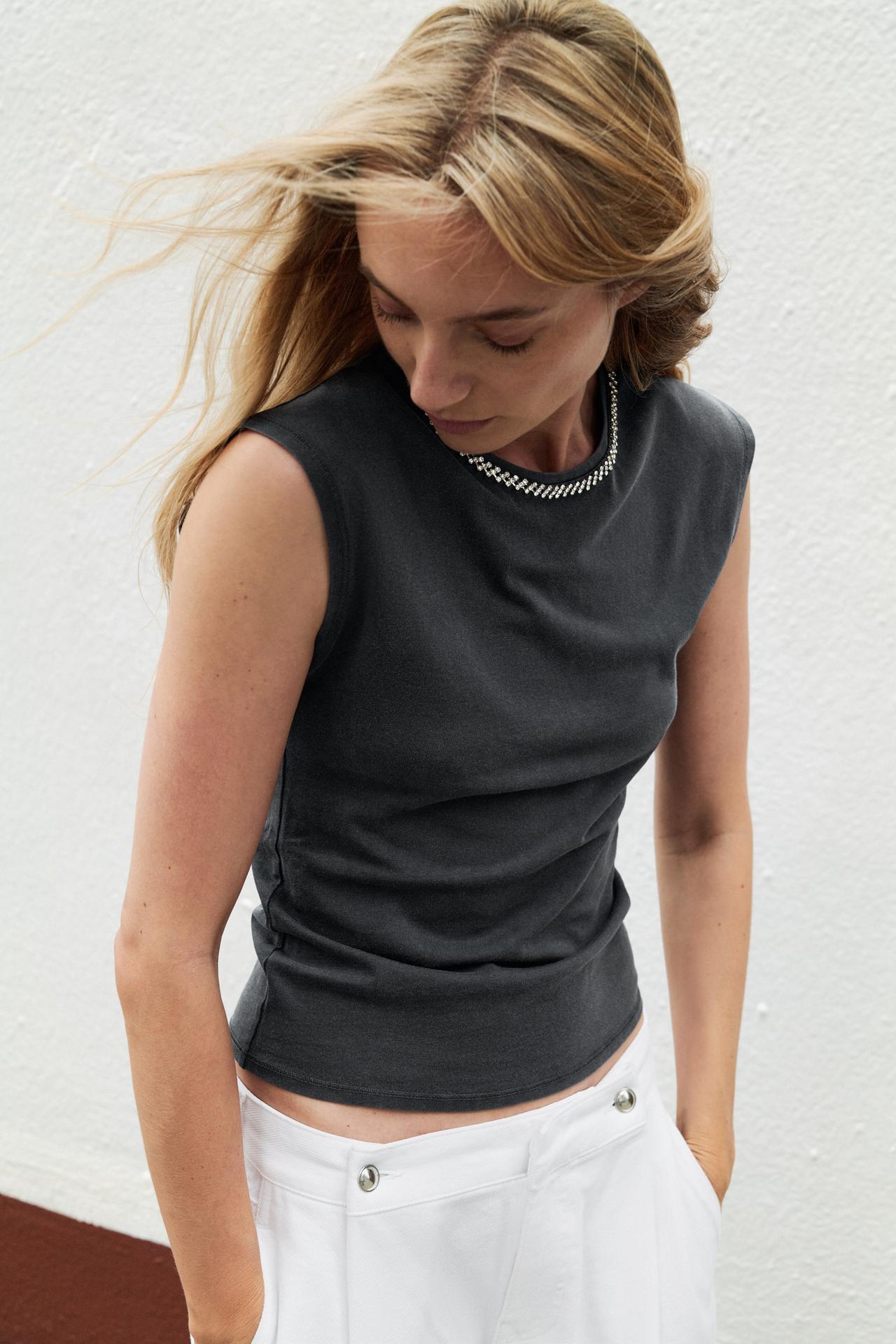 WASHED EFFECT JEWEL T-SHIRT — Anthracite grey
