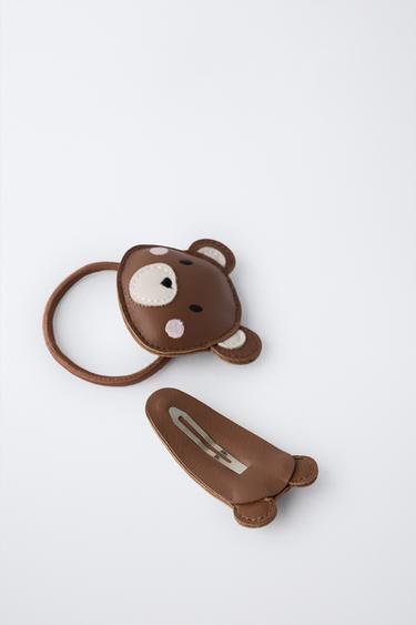 PACK OF SCRUNCHIE AND LEATHER EFFECT BEAR CLIP - Khaki by Zara - Image 1