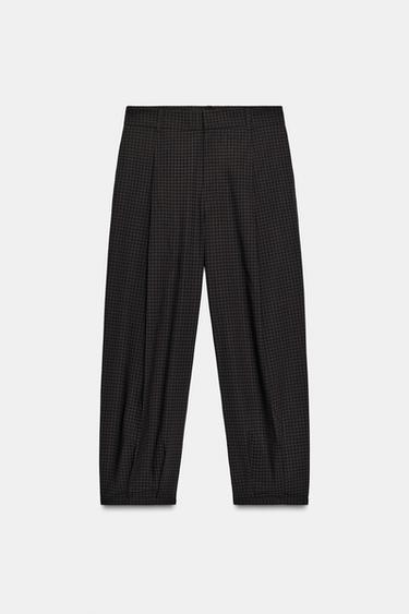 PANTALON À CARREAUX À PINCES - Gris de Zara