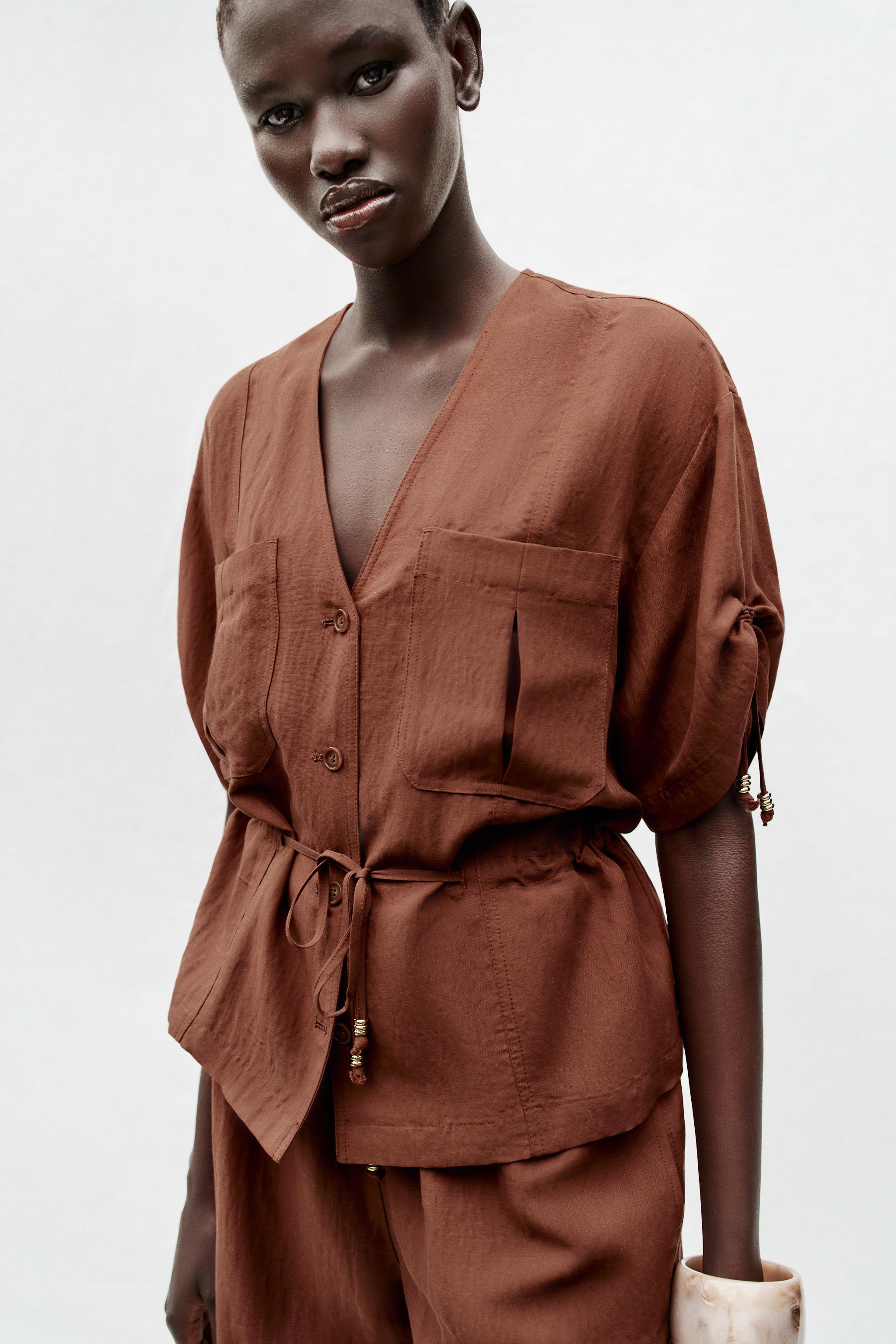 SHORT SLEEVE BEADED SAFARI JACKET — Dark russet