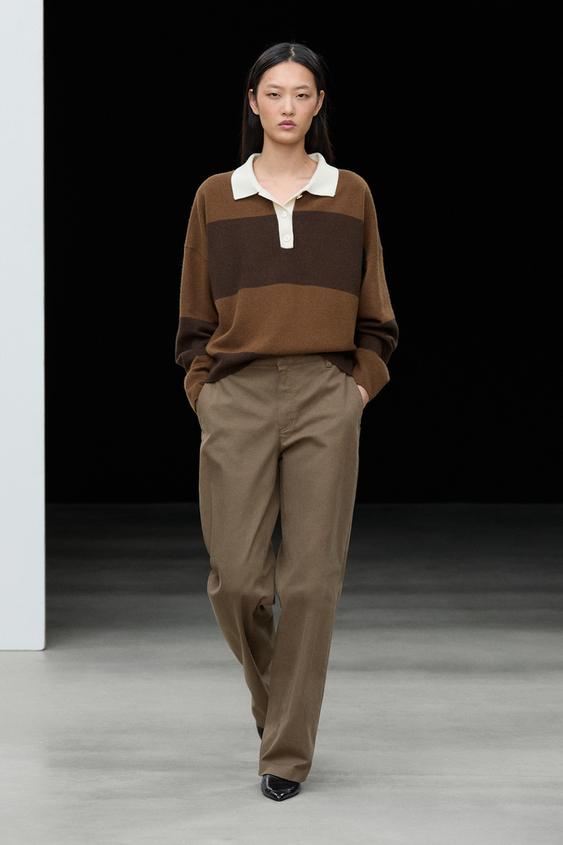 Pull en maille à col polo rayé - Marron de Zara - Image 0