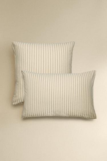 Zara CRINKLE STRIPED COTTON PILLOWCASE - Ecru