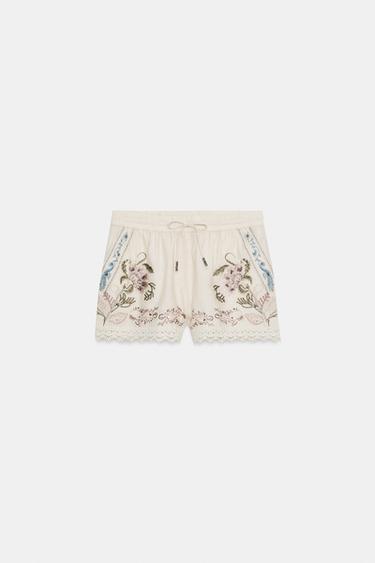 ZW COLLECTION EMBROIDERED LINEN BLEND SHORTS - Ecru by Zara