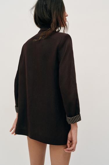 VESTE AVEC LIN À MANCHES RETROUSSÉES - Marron foncé de Zara - Image 3