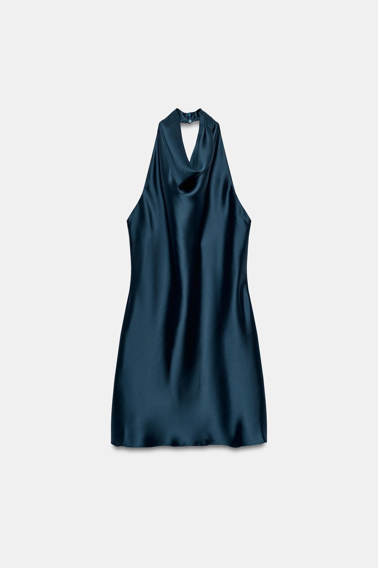 SATIN HALTER DRESS — Navy blue