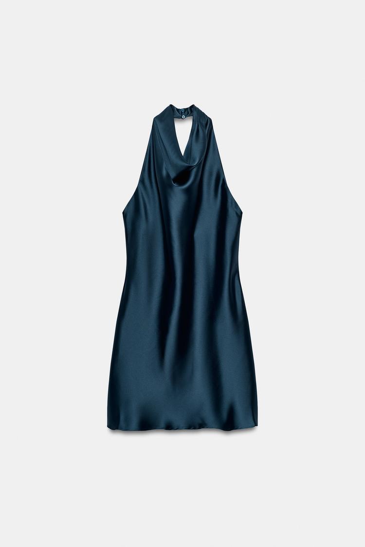 SATIN HALTER DRESS — Navy blue