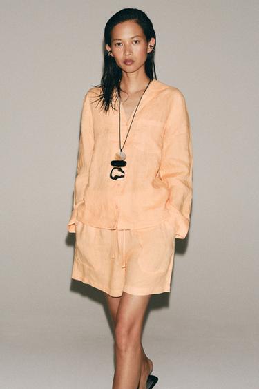 ZW COLLECTION LINEN SHIRT WITH POCKET - Tangerine by Zara