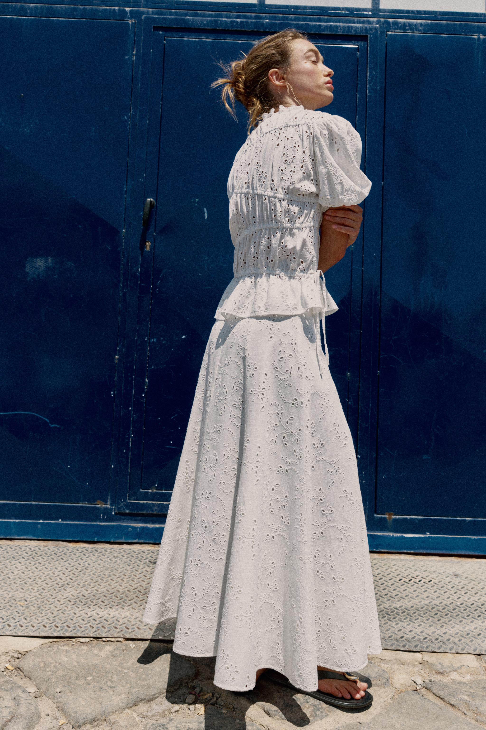 EMBROIDERED EYELET MIDI SKIRT