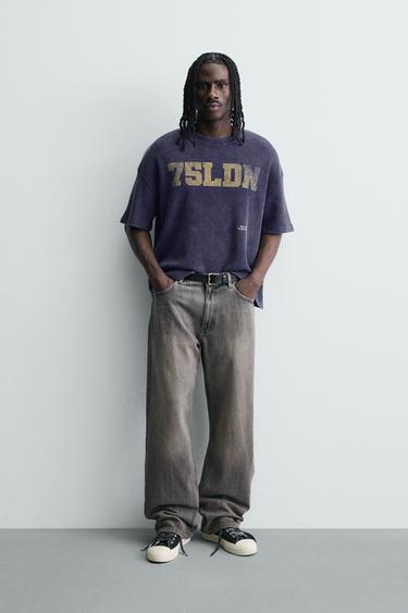 SUDADERA ESTRUCTURA WAFFLE ESTAMPADO LAVADO - Azul tinta de Zara - Imagen 0