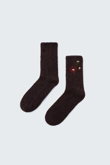 Zara EMBROIDERED FLORAL SOCKS - Brown