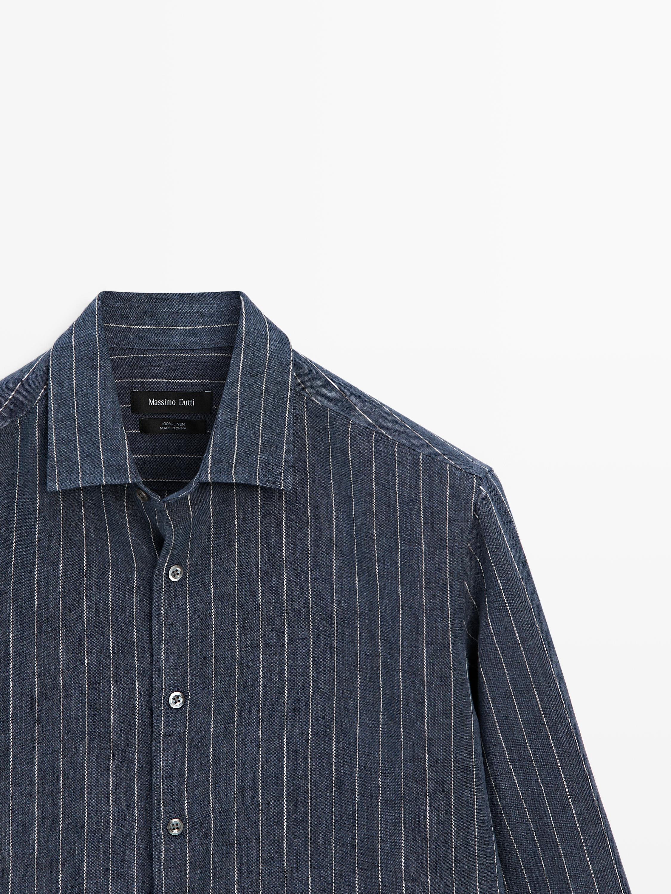 100% linen slim fit striped shirt